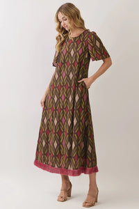Geometric Print Fringe Hem Dress