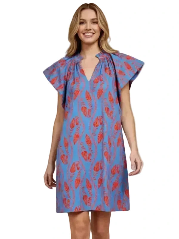 Leaf Print Dress Dusty Blue