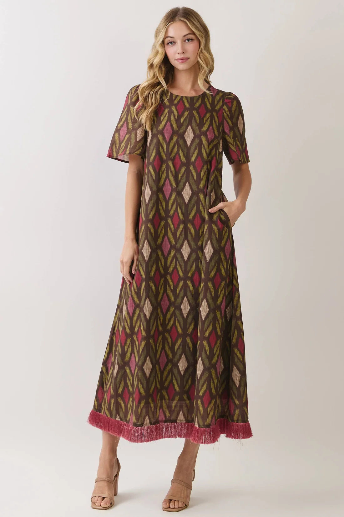 Geometric Print Fringe Hem Dress
