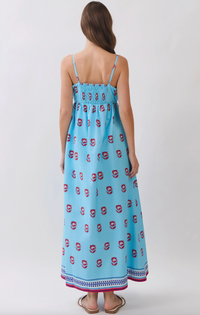 Cool Blue With Red Floral Smocked Maxi Dress