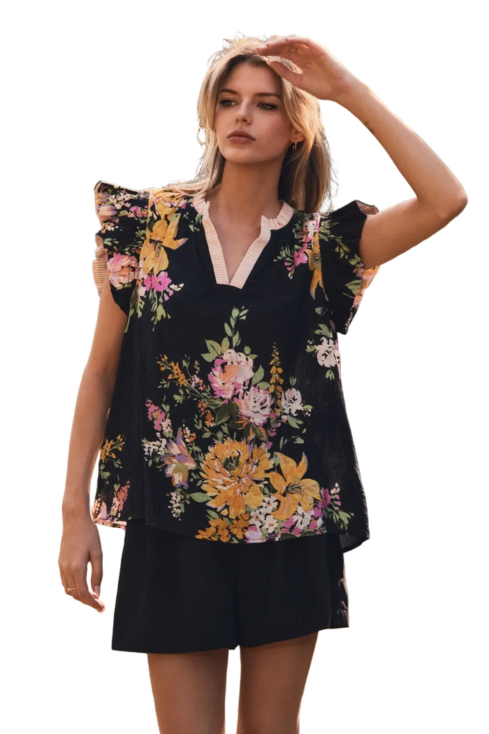 Floral Printed Black Sleeveless Top