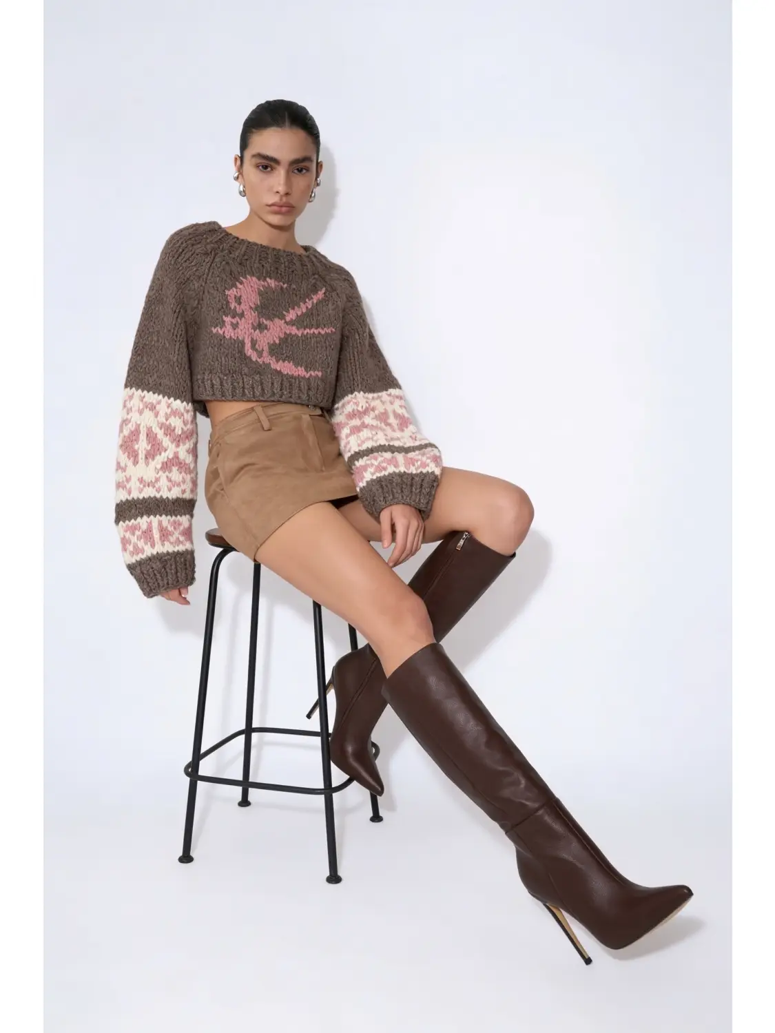 Intarsia Knit Open-Back Cropped Sweater