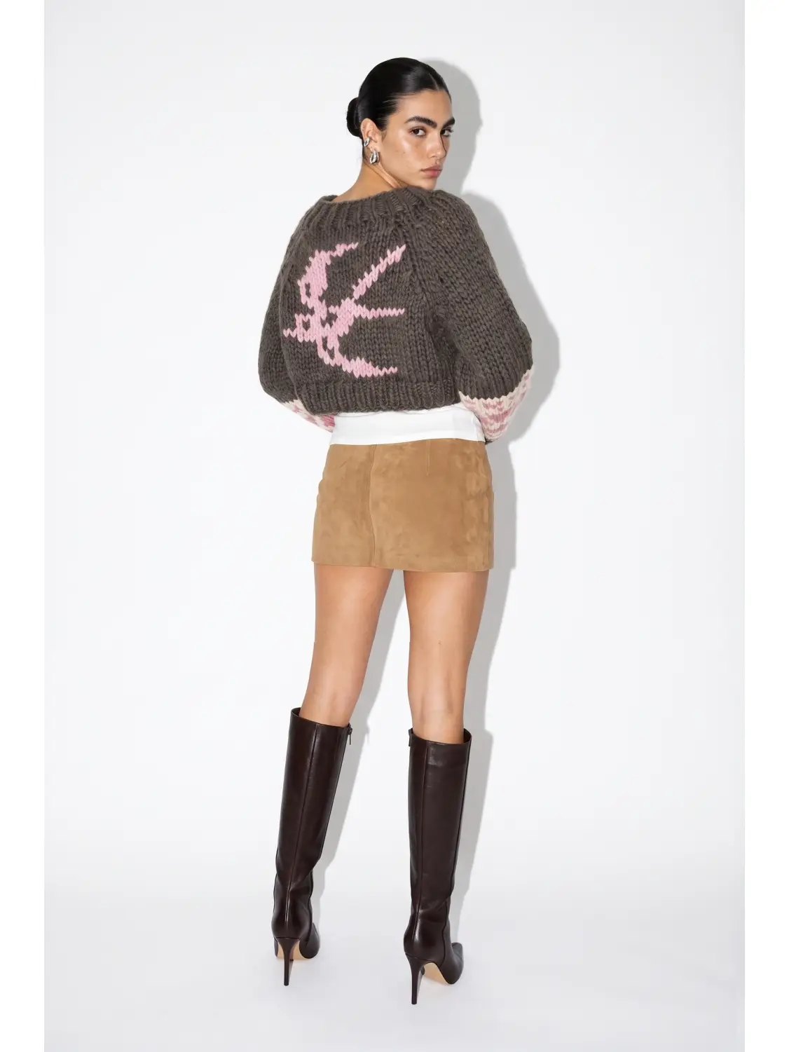 Intarsia Knit Open-Back Cropped Sweater
