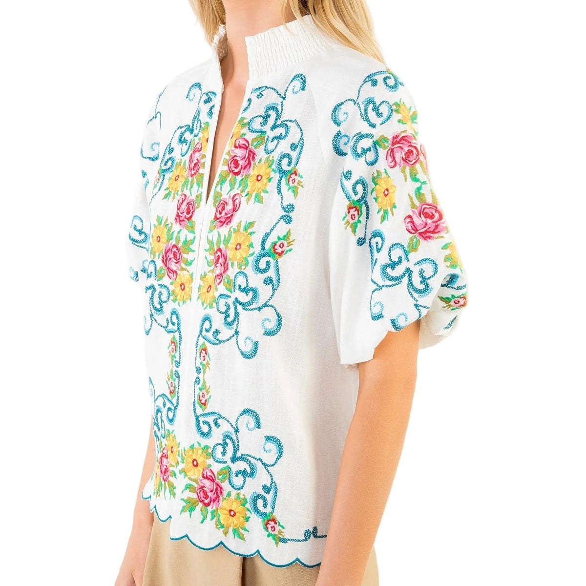 Embroidered Puff Sleeve Floral Top