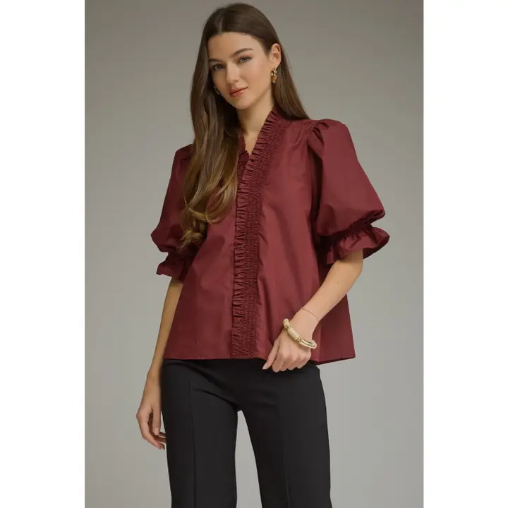 Solid Short Puff Sleeve Top Wine