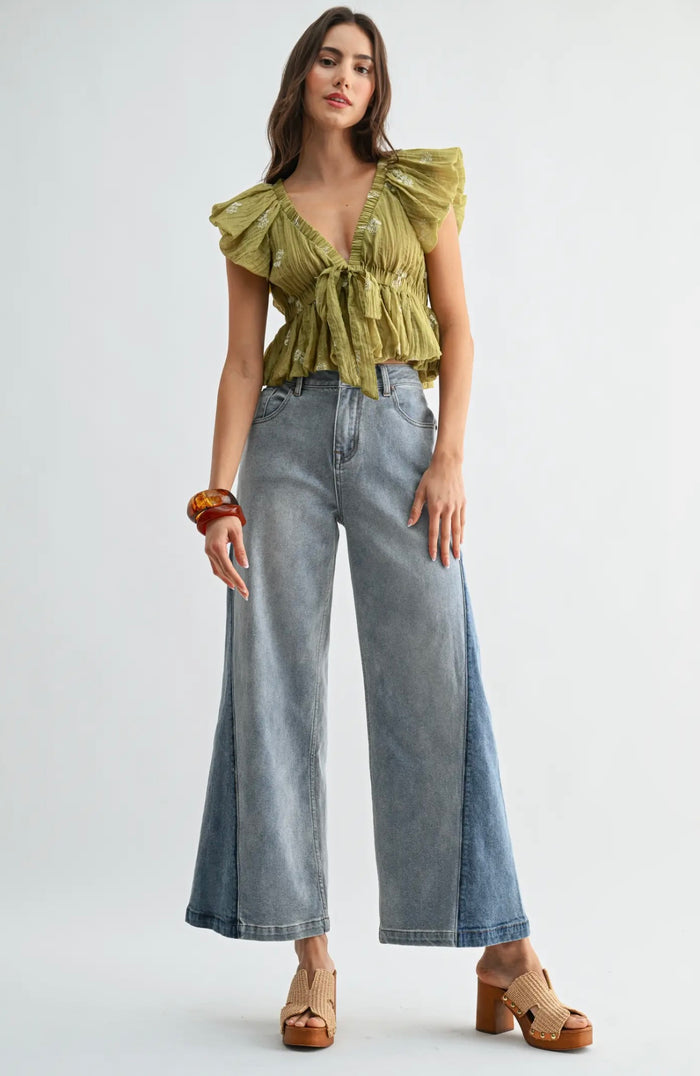 Wide Leg Two-Tone High Waist Jeans