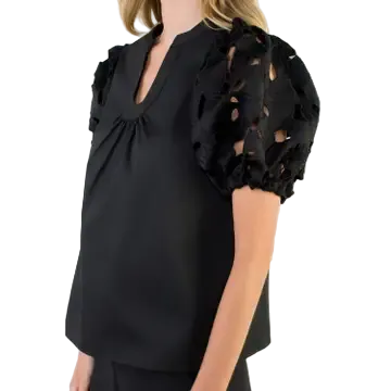 Black Eyelet Detail Puff Sleeve Top