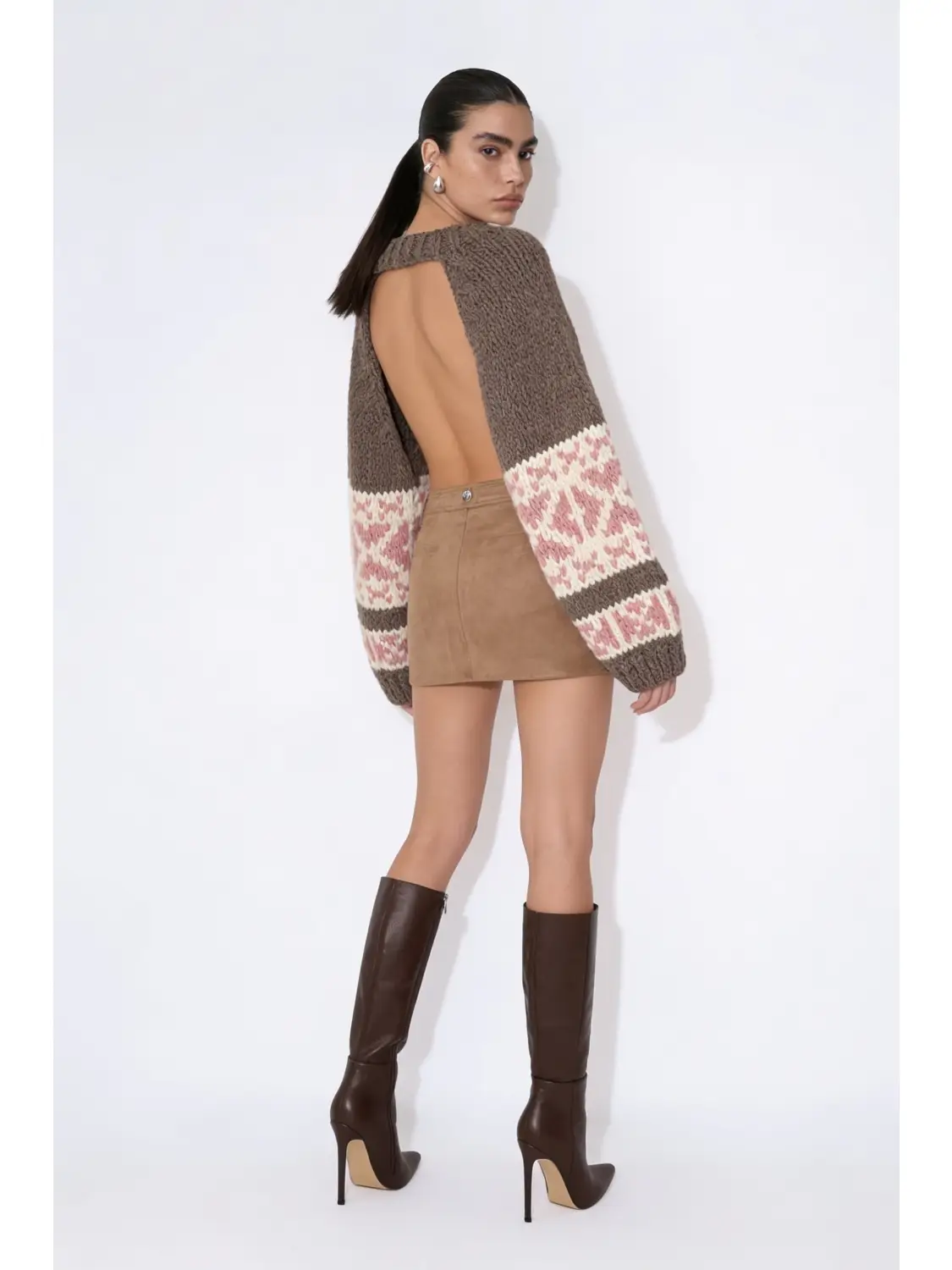 Intarsia Knit Open-Back Cropped Sweater