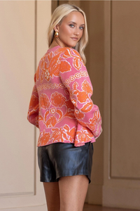 Pink Floral Intarsia Peplum Cardigan