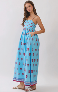 Cool Blue With Red Floral Smocked Maxi Dress
